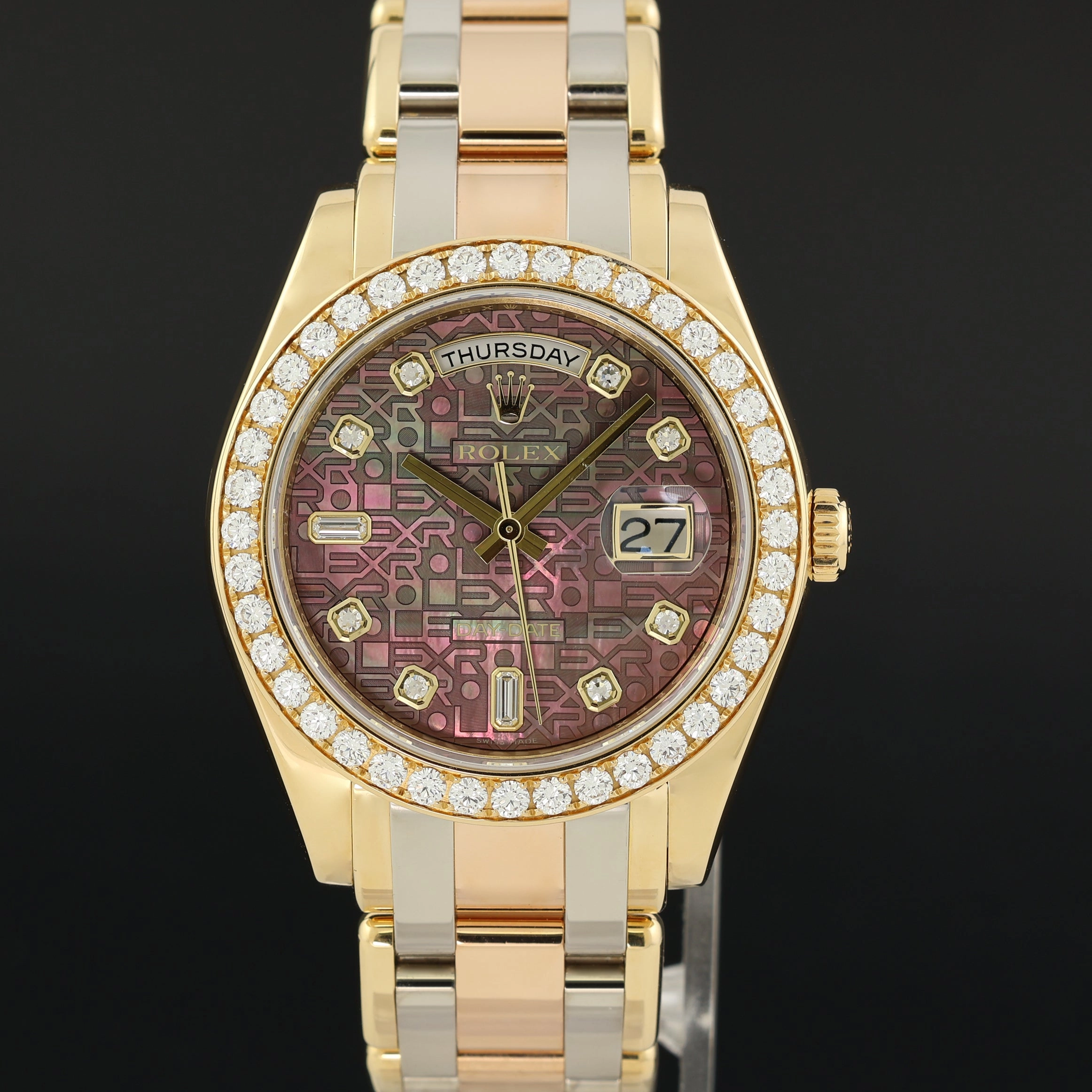 2014 MINT Rolex Masterpiece Day Date 18948 Tahitian Dark MOP Diamond Tridor Gold Watch