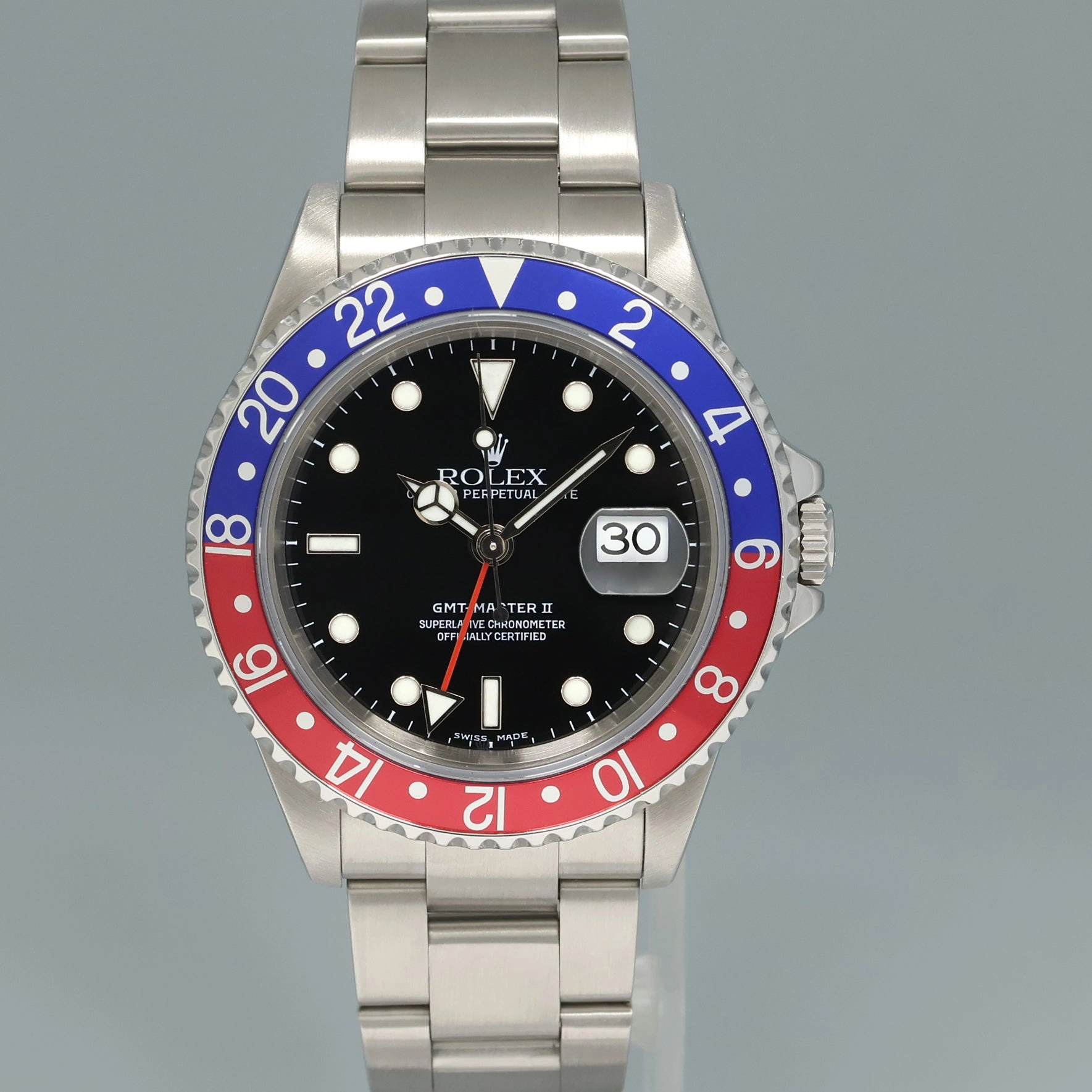 MINT 1999 Rolex GMT-Master II 2 Pepsi Blue Red Steel 16710 Black Dial Watch Box