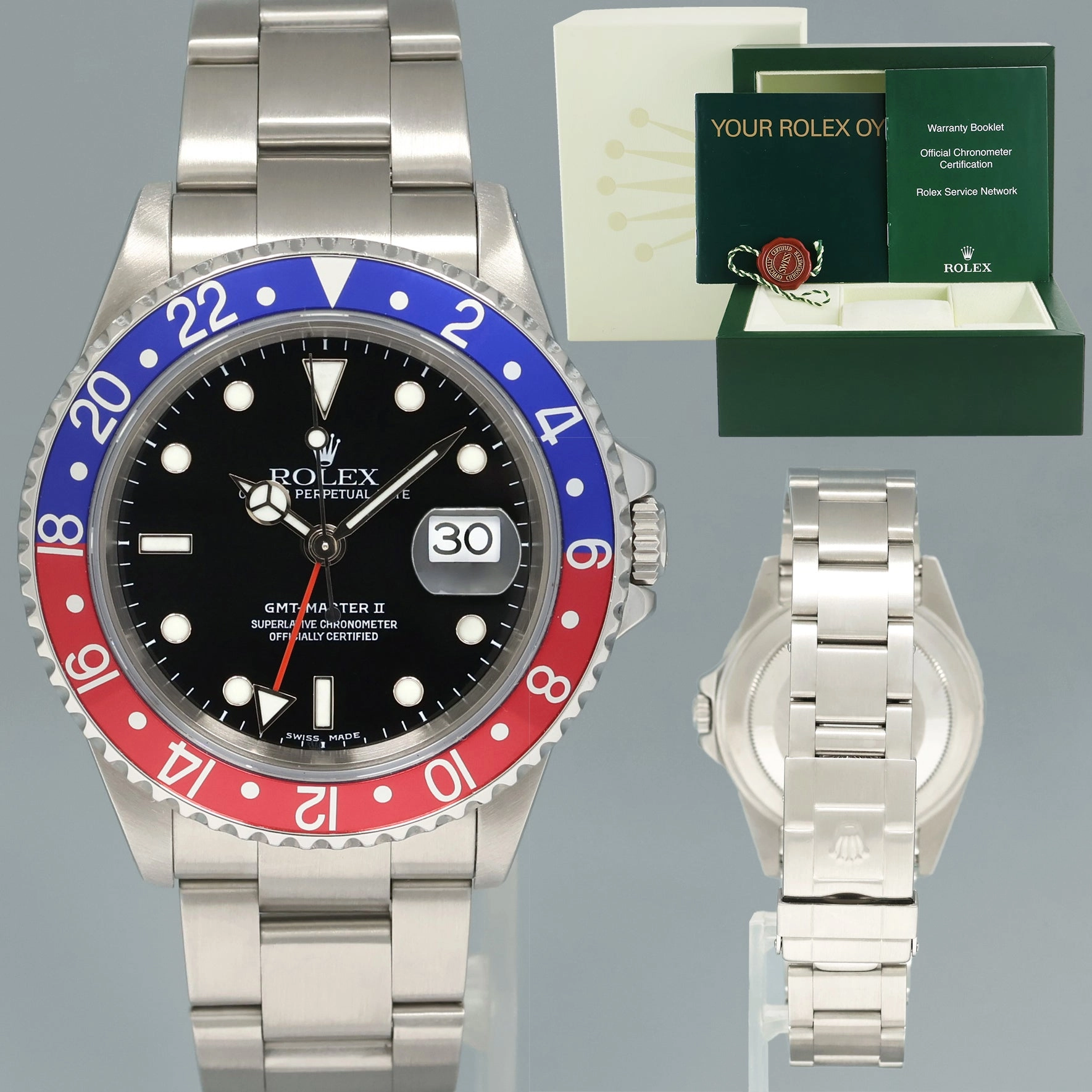 MINT 1999 Rolex GMT-Master II 2 Pepsi Blue Red Steel 16710 Black Dial Watch Box