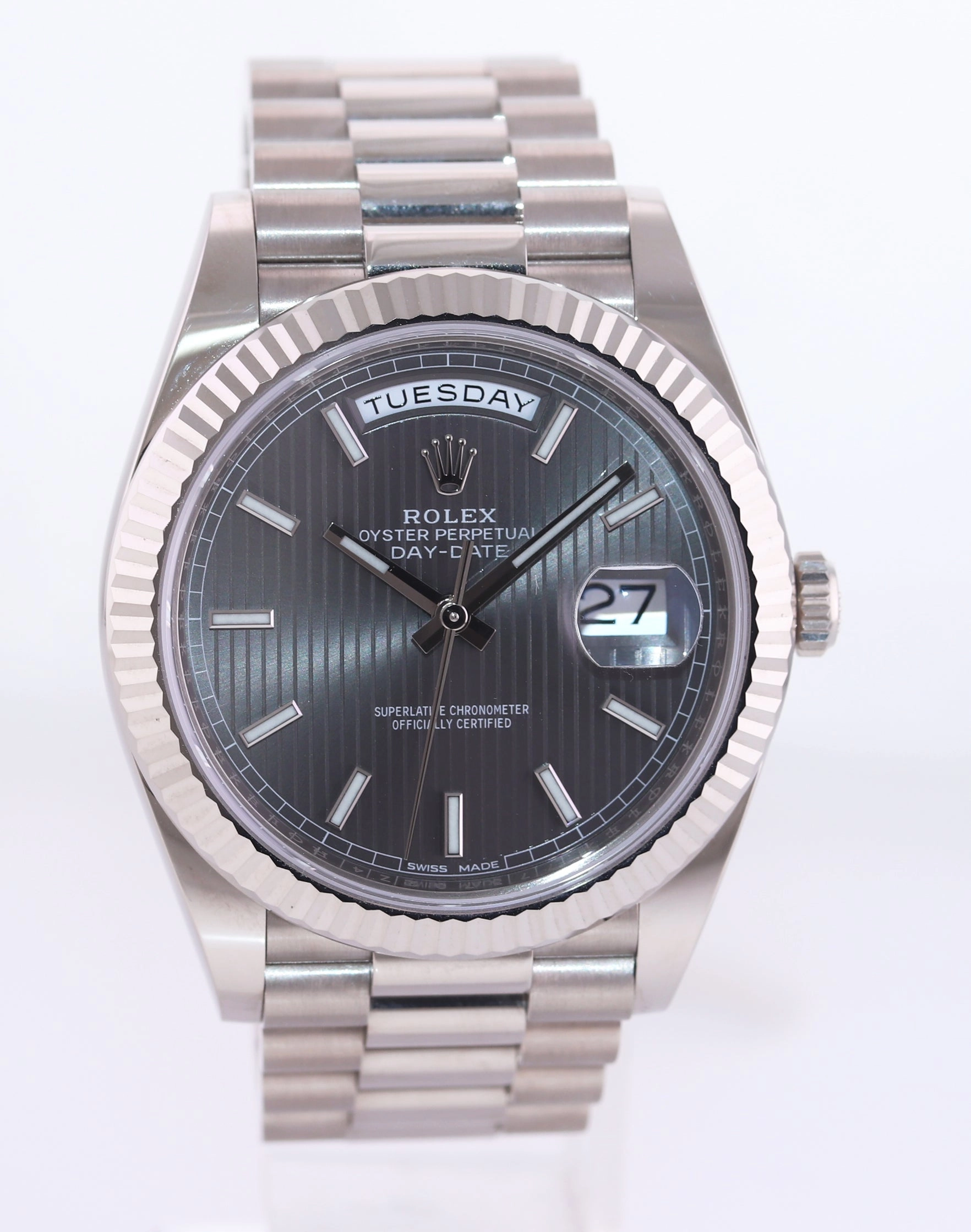 MINT 2019 PAPERS Rolex Day Date 40 White Gold President Grey Tapestry 228239 Watch