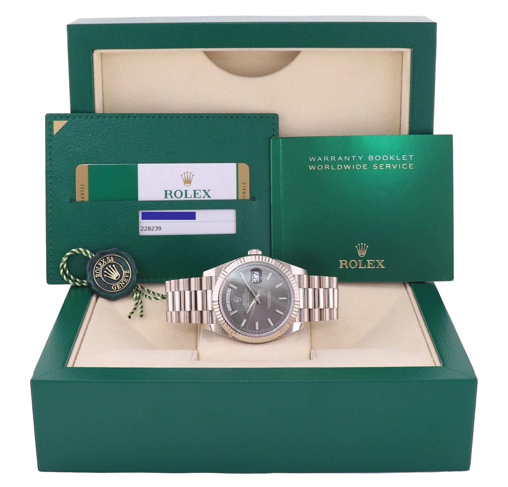 MINT 2019 PAPERS Rolex Day Date 40 White Gold President Grey Tapestry 228239 Watch