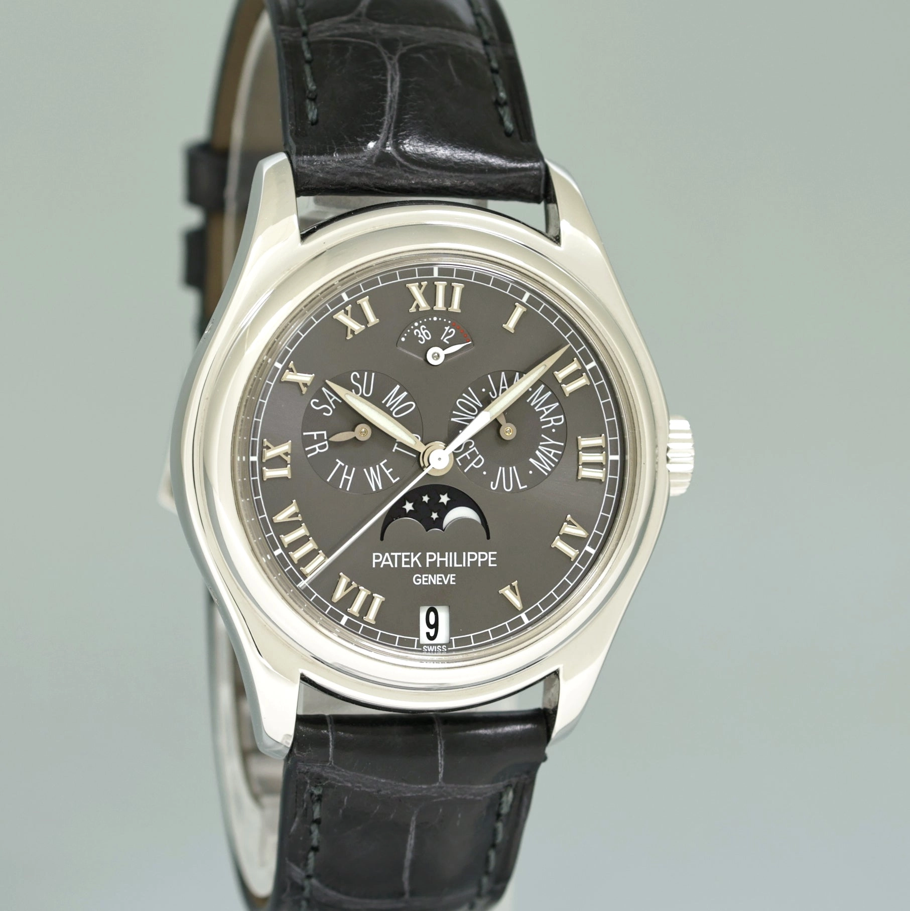 MINT Patek Philippe Platinum Annual Calendar Moonphase 5056P Grey Roman Watch Box