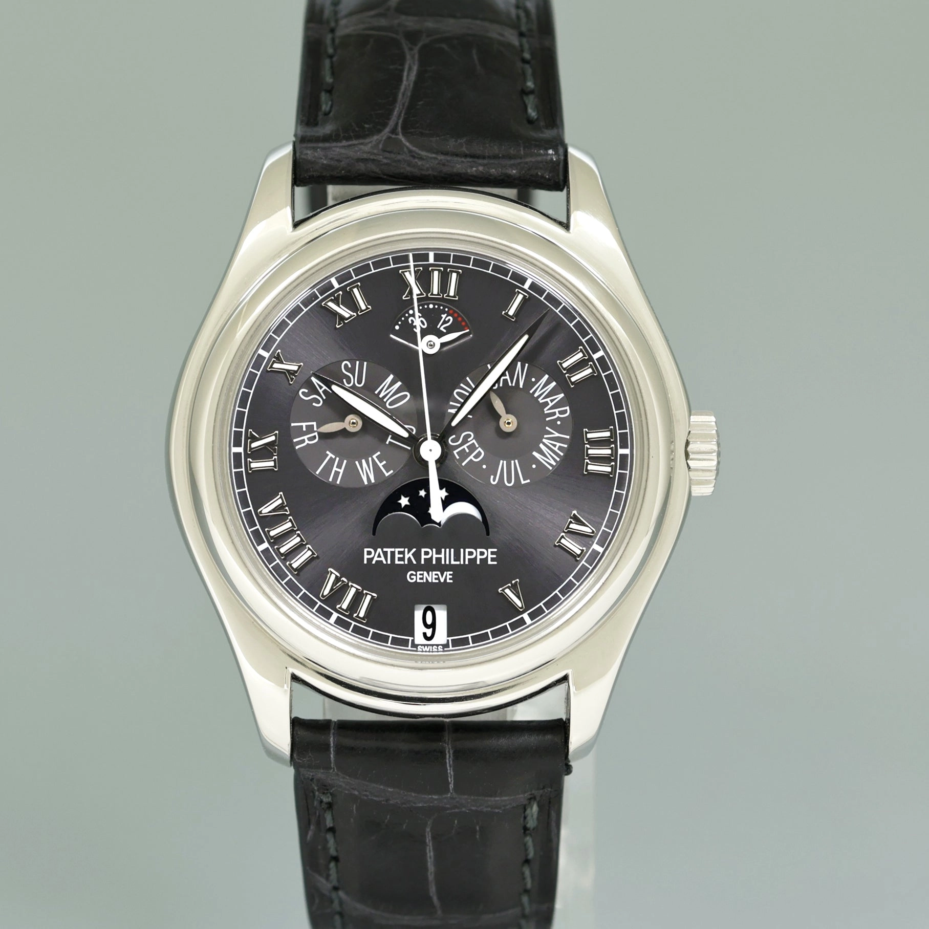 MINT Patek Philippe Platinum Annual Calendar Moonphase 5056P Grey Roman Watch Box