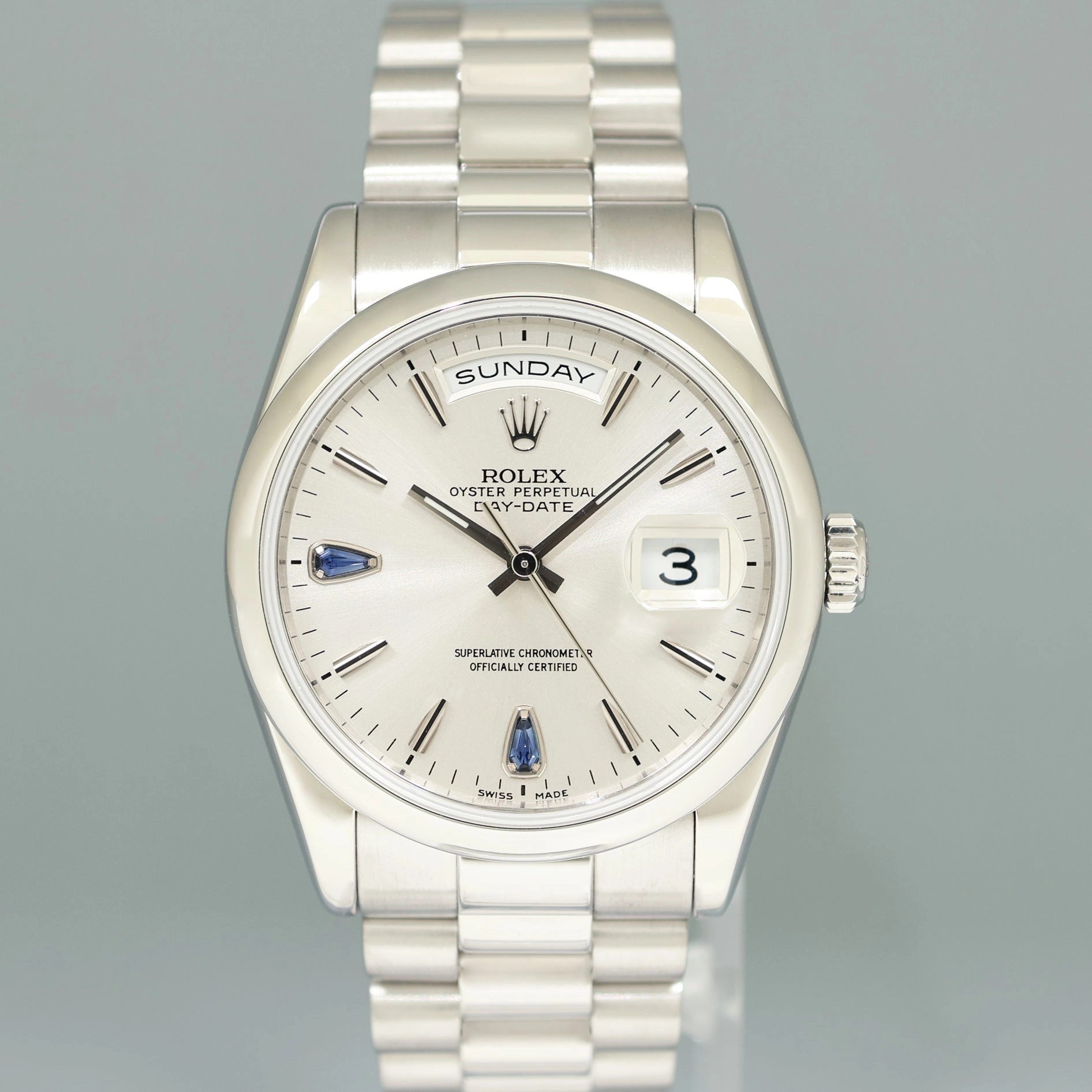 MINT Rolex Platinum Day Date President 118206 Teardrop Sapphire 36mm Watch Box