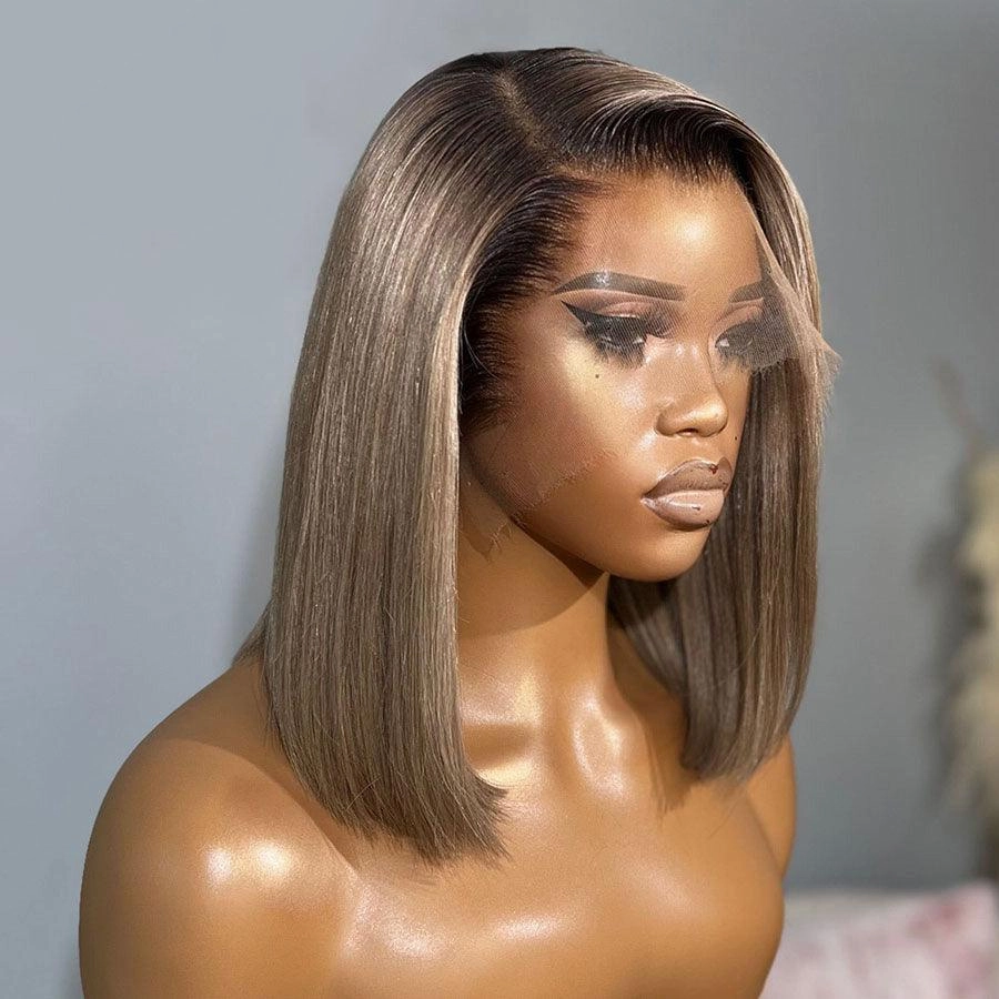WOWANGEL 13X4 Ash Grey Ombre Skinlike Real HD Lace Full Frontal Wig Straight BOB