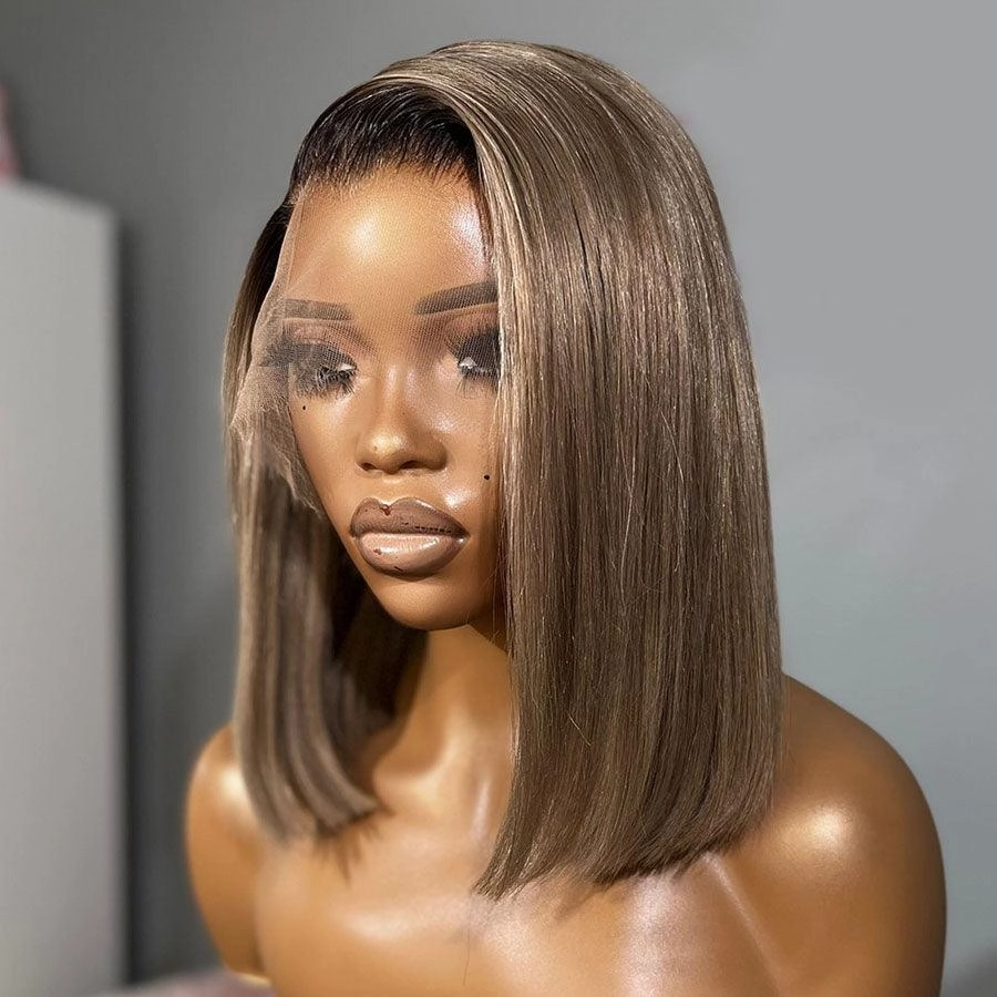 WOWANGEL 13X4 Ash Grey Ombre Skinlike Real HD Lace Full Frontal Wig Straight BOB
